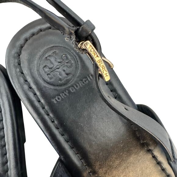 Tory Burch Bryce Flat Thong Sandals black leather gold-tone double-T logo emblem - Picture 6 of 8